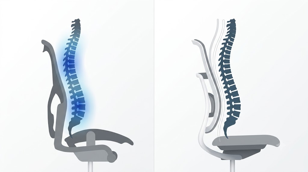 Diagram of correct human spinal alignment and pelvic tilt while seated in a modern tasking chair
