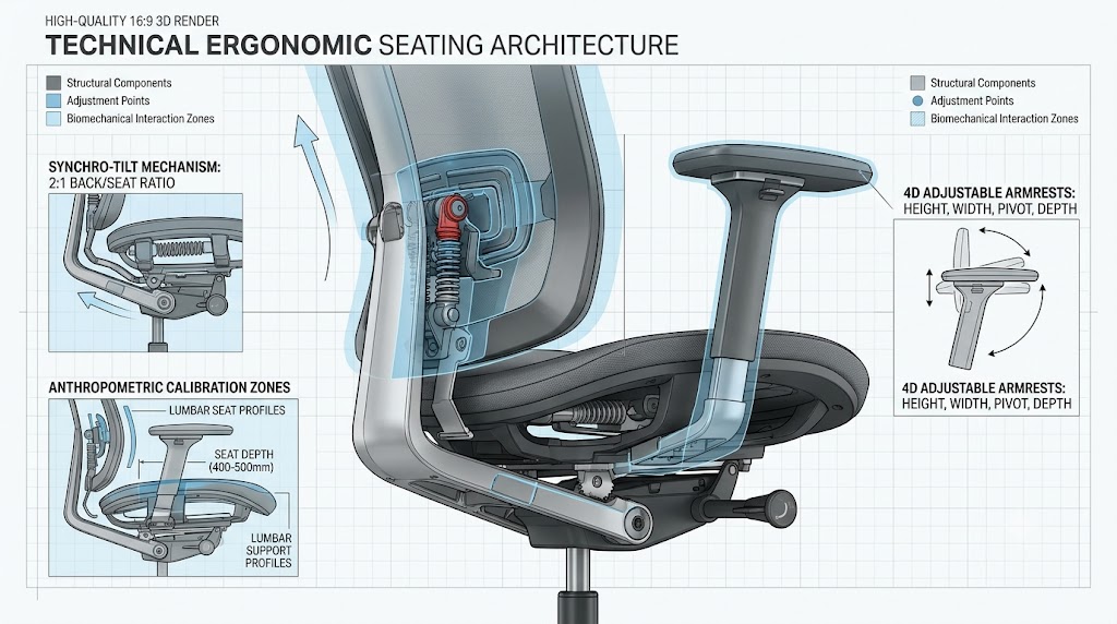 Technical schematic highlighting the synchro-tilt mechanism, 4D armrests, and anthropometric calibration zones of an ergonomic office chair.