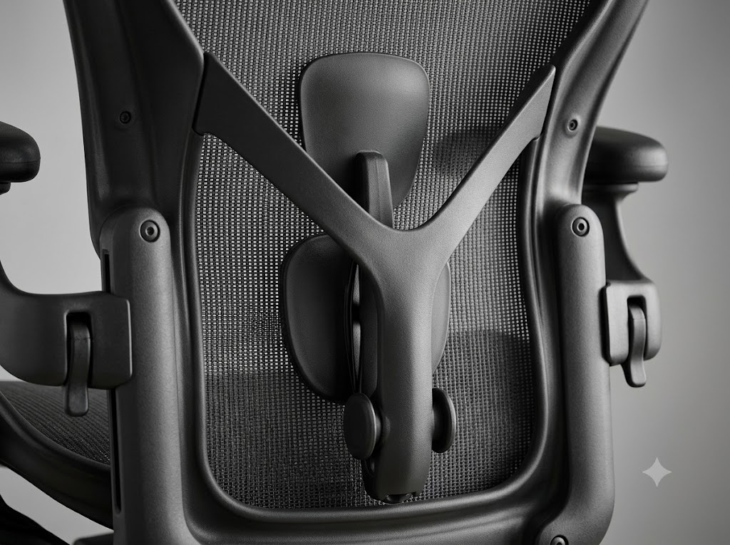 Close-up view of Herman Miller PostureFit SL pads and Steelcase LiveBack lower spine mechanism