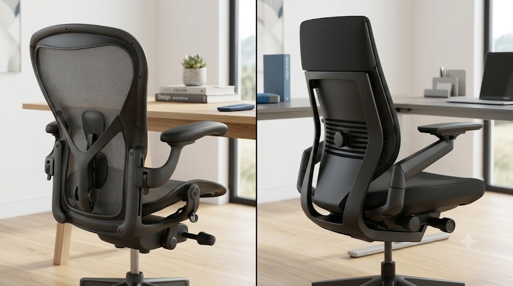 Side view comparison of Herman Miller Aeron and Steelcase Leap V2 ergonomic chairs