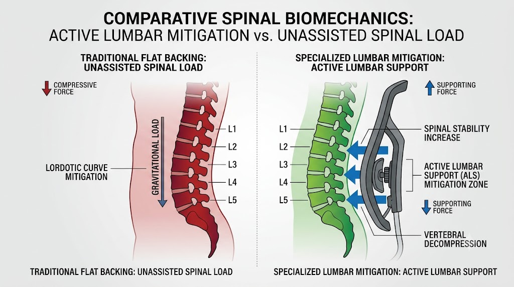 Biomechanical vector diagram comparing the effects of traditional flat backing versus specialized lumbar mitigation on the human lordosis curve.