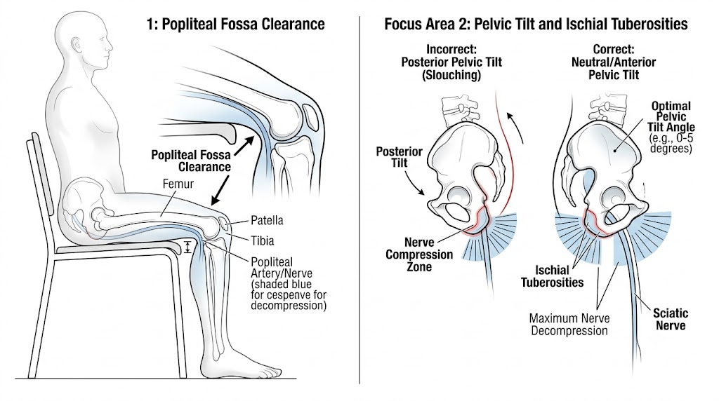 Anatomical line drawing showing correct popliteal fossa clearance and pelvic tilt angles to maximize nerve decompression on ischial tuberosities.